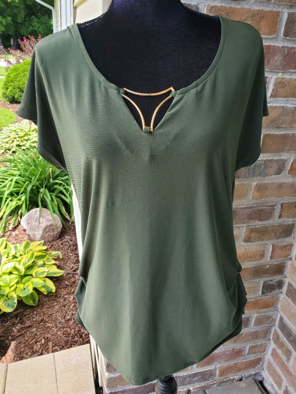 A.U.W. Olive Green Blouse with Gold Accent